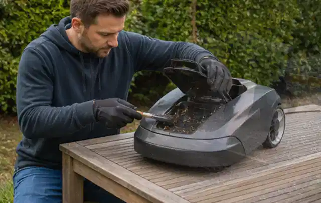 Person wartet einen geöffneten Mähroboter auf einem stabilen Gartentisch; Thema Laubbläser, Schwerpunkt Winterlager; Umsetzung.