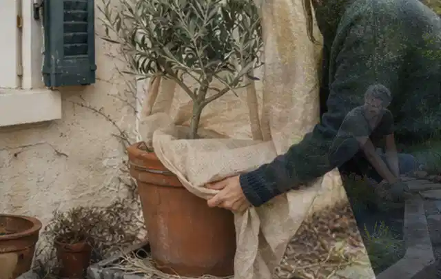 Person umhüllt eine mediterrane Kübelpflanze mit atmungsaktivem Winterschutz; Thema Lavendel, Schwerpunkt Bewässerung; Ausgangslage.