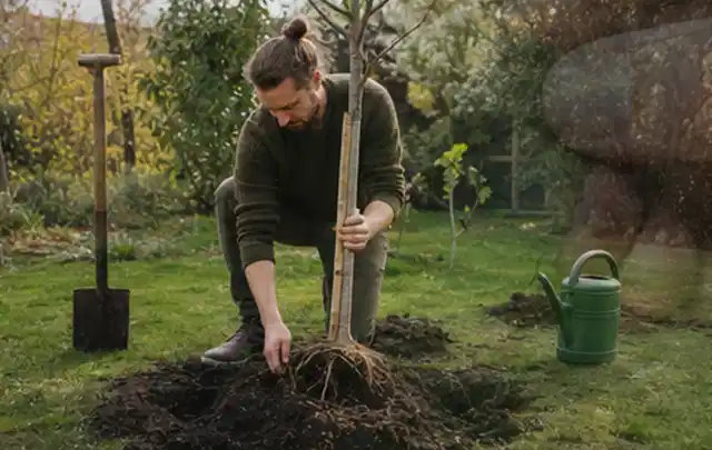Person setzt einen jungen Zierbaum in ein vorbereitetes Pflanzloch im Garten; Thema Lavendel, Schwerpunkt Bewässerung; Umsetzung.