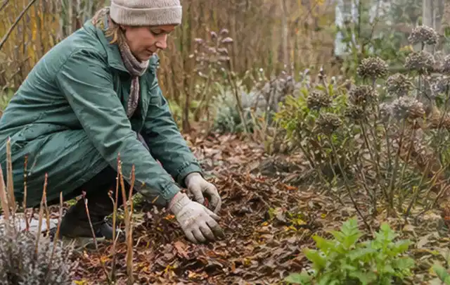 Person verteilt eine schützende Mulchschicht zwischen winterlichen Stauden; Thema Lavendel, Schwerpunkt Bewässerung; Praxisalltag.