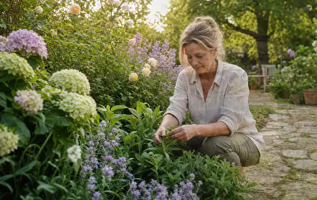 Person pflegt üppige Pflanzen in einem natürlich beleuchteten Garten; Thema Lavendel, Schwerpunkt Blumen; Umsetzung.