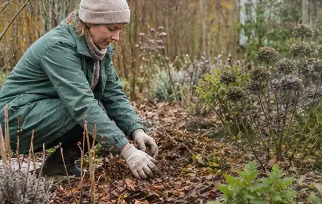 Person verteilt eine schützende Mulchschicht zwischen winterlichen Stauden; Thema Lavendel, Schwerpunkt Düngung; Ausgangslage.