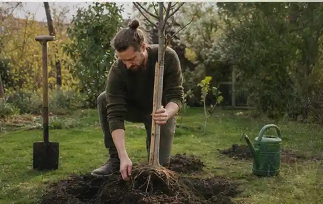 Person setzt einen jungen Zierbaum in ein vorbereitetes Pflanzloch im Garten; Thema Lavendel, Schwerpunkt Einsteigerwissen; Kontrolle.