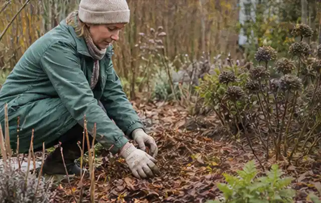 Person verteilt eine schützende Mulchschicht zwischen winterlichen Stauden; Thema Lavendel, Schwerpunkt Einsteigerwissen; Ergebnis.