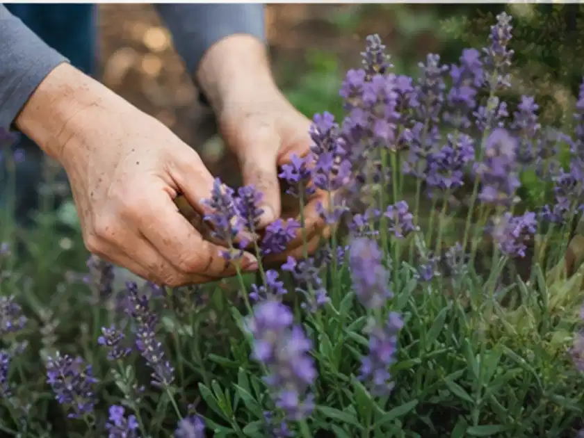 Hände pflegen blühenden Lavendel in einem natürlich angelegten Gartenbeet; Thema Lavendel, Schwerpunkt Fehlerhilfe; Titelbild.