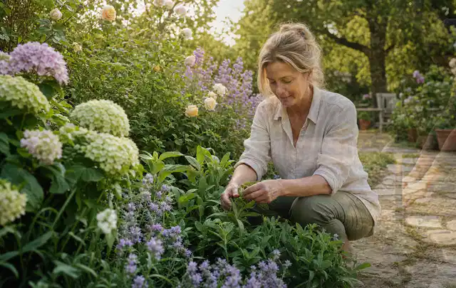 Person pflegt üppige Pflanzen in einem natürlich beleuchteten Garten; Thema Lavendel, Schwerpunkt Fehlerhilfe; Ausgangslage.