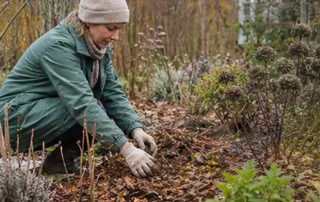 Person verteilt eine schützende Mulchschicht zwischen winterlichen Stauden; Thema Lavendel, Schwerpunkt Fehlerhilfe; Praxisalltag.