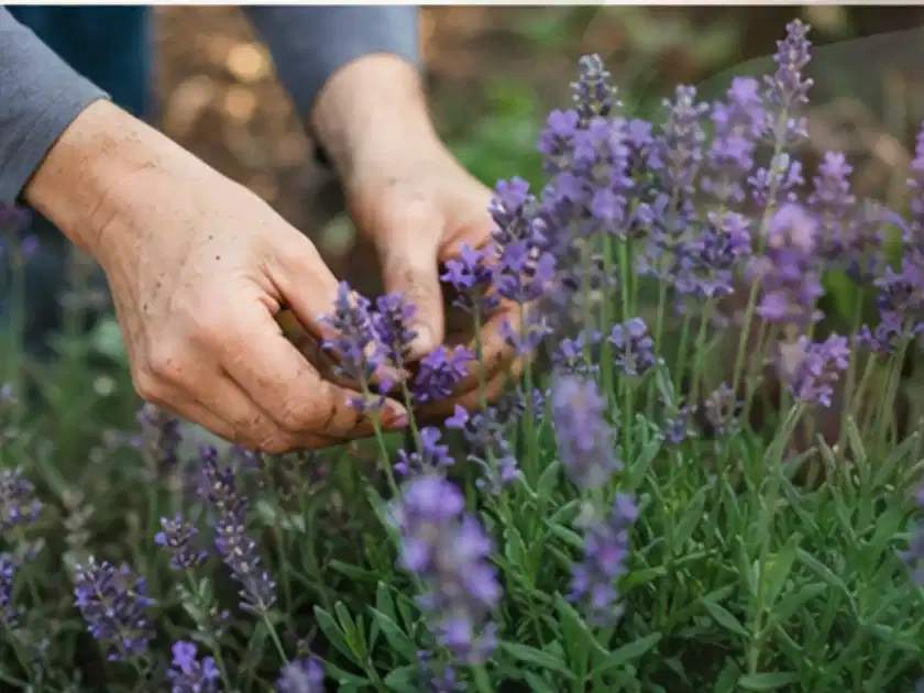 Hände pflegen blühenden Lavendel in einem natürlich angelegten Gartenbeet; Thema Lavendel, Schwerpunkt Gartenpraxis; Titelbild.