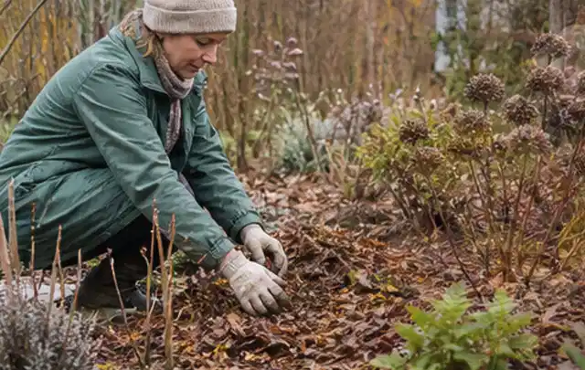 Person verteilt eine schützende Mulchschicht zwischen winterlichen Stauden; Thema Lavendel, Schwerpunkt Gartenpraxis; Umsetzung.