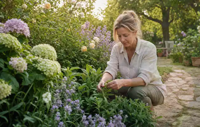 Person pflegt üppige Pflanzen in einem natürlich beleuchteten Garten; Thema Lavendel, Schwerpunkt Gartenpraxis; Praxisalltag.