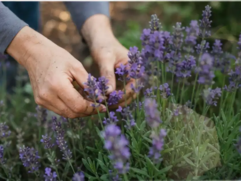 Hände pflegen blühenden Lavendel in einem natürlich angelegten Gartenbeet; Thema Lavendel, Schwerpunkt Jahrespflege; Titelbild.