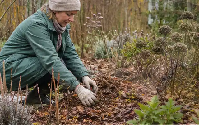 Person verteilt eine schützende Mulchschicht zwischen winterlichen Stauden; Thema Lavendel, Schwerpunkt Jahrespflege; Ausgangslage.