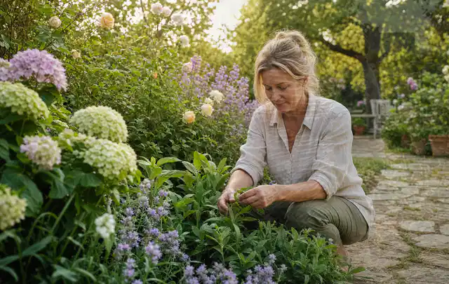 Person pflegt üppige Pflanzen in einem natürlich beleuchteten Garten; Thema Lavendel, Schwerpunkt Jahrespflege; Umsetzung.