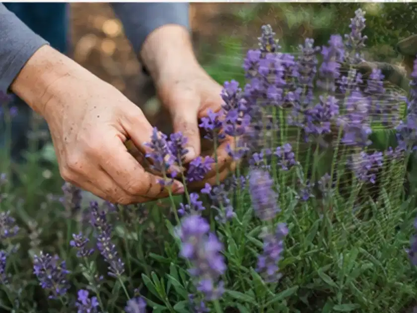 Hände pflegen blühenden Lavendel in einem natürlich angelegten Gartenbeet; Thema Lavendel, Schwerpunkt Kaufberatung; Titelbild.