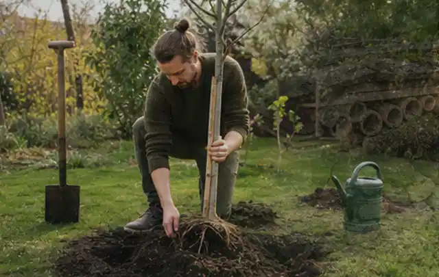 Person setzt einen jungen Zierbaum in ein vorbereitetes Pflanzloch im Garten; Thema Lavendel, Schwerpunkt Kaufberatung; Praxisalltag.