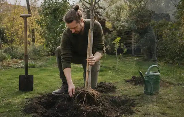 Person setzt einen jungen Zierbaum in ein vorbereitetes Pflanzloch im Garten; Thema Lavendel, Schwerpunkt Pflanzengesundheit; Ausgangslage.