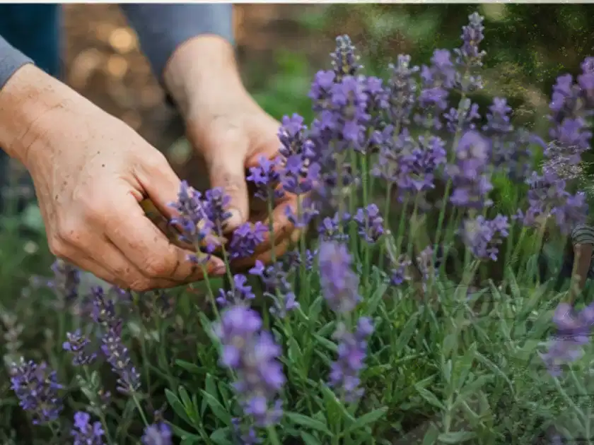 Hände pflegen blühenden Lavendel in einem natürlich angelegten Gartenbeet; Thema Lavendel, Schwerpunkt Pflanzenschutz; Titelbild.