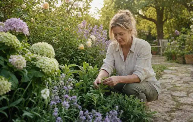 Person pflegt üppige Pflanzen in einem natürlich beleuchteten Garten; Thema Lavendel, Schwerpunkt Pflanzenschutz; Ergebnis.