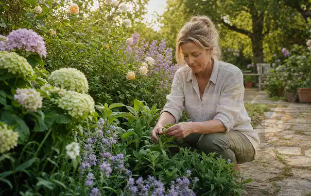 Person pflegt üppige Pflanzen in einem natürlich beleuchteten Garten; Thema Lavendel, Schwerpunkt Pflanzpartner; Ergebnis.