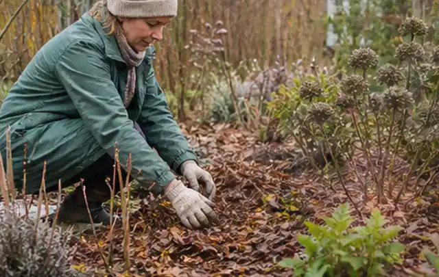 Person verteilt eine schützende Mulchschicht zwischen winterlichen Stauden; Thema Lavendel, Schwerpunkt Rückschnitt; Ausgangslage.