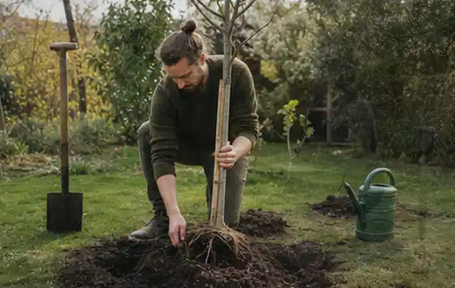 Person setzt einen jungen Zierbaum in ein vorbereitetes Pflanzloch im Garten; Thema Lavendel, Schwerpunkt Rückschnitt; Umsetzung.