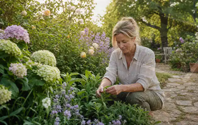 Person pflegt üppige Pflanzen in einem natürlich beleuchteten Garten; Thema Lavendel, Schwerpunkt Rückschnitt; Kontrolle.