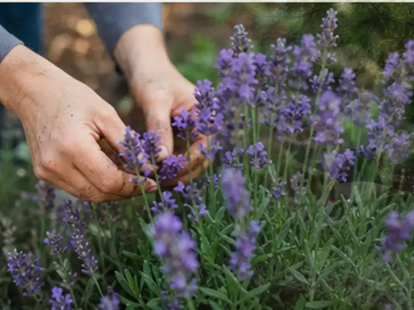 Hände pflegen blühenden Lavendel in einem natürlich angelegten Gartenbeet; Thema Lavendel, Schwerpunkt Sortenwahl; Titelbild.