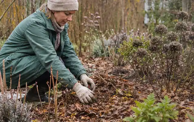 Person verteilt eine schützende Mulchschicht zwischen winterlichen Stauden; Thema Lavendel, Schwerpunkt Sortenwahl; Umsetzung.