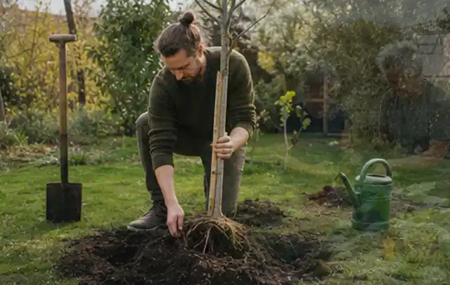 Person setzt einen jungen Zierbaum in ein vorbereitetes Pflanzloch im Garten; Thema Lavendel, Schwerpunkt Sortenwahl; Ergebnis.