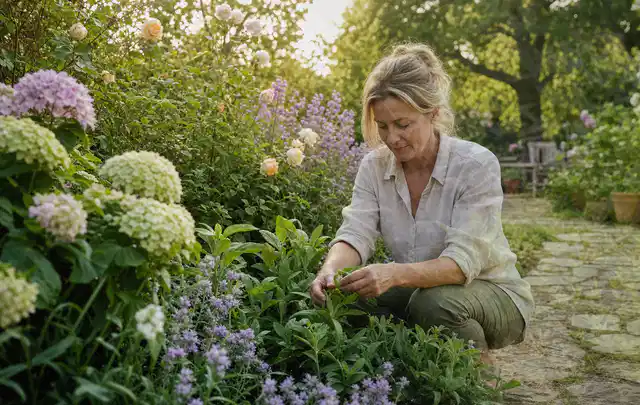 Person pflegt üppige Pflanzen in einem natürlich beleuchteten Garten; Thema Lavendel, Schwerpunkt Standort; Ausgangslage.