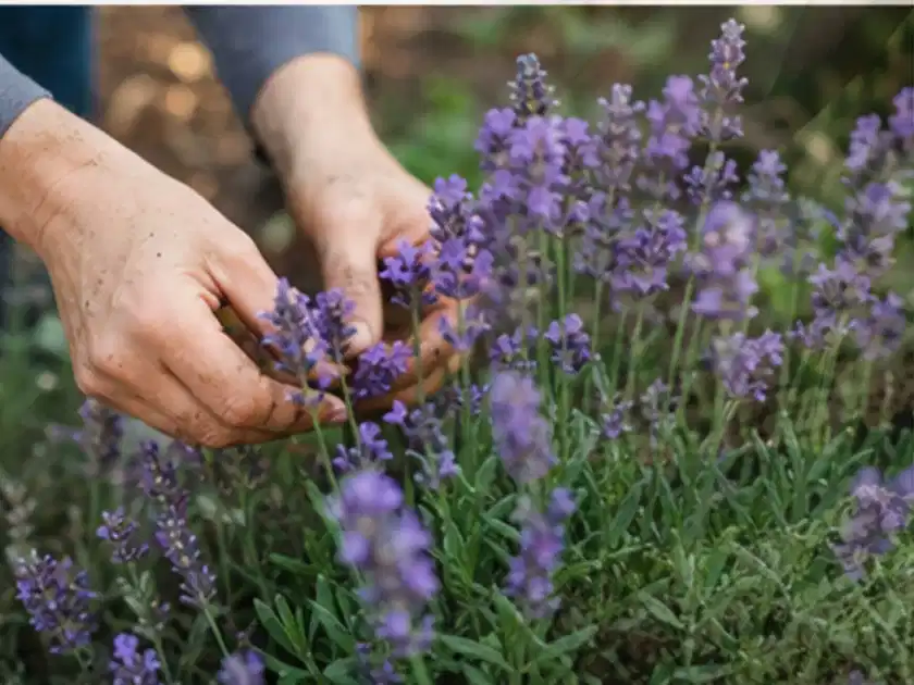 Hände pflegen blühenden Lavendel in einem natürlich angelegten Gartenbeet; Thema Lavendel, Schwerpunkt Topfkultur; Titelbild.