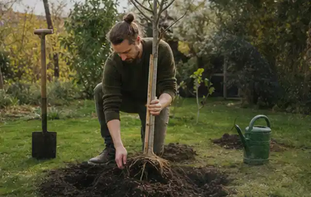 Person setzt einen jungen Zierbaum in ein vorbereitetes Pflanzloch im Garten; Thema Lavendel, Schwerpunkt Topfkultur; Praxisalltag.