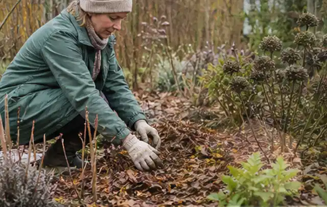 Person verteilt eine schützende Mulchschicht zwischen winterlichen Stauden; Thema Lavendel, Schwerpunkt Vermehrung; Kontrolle.