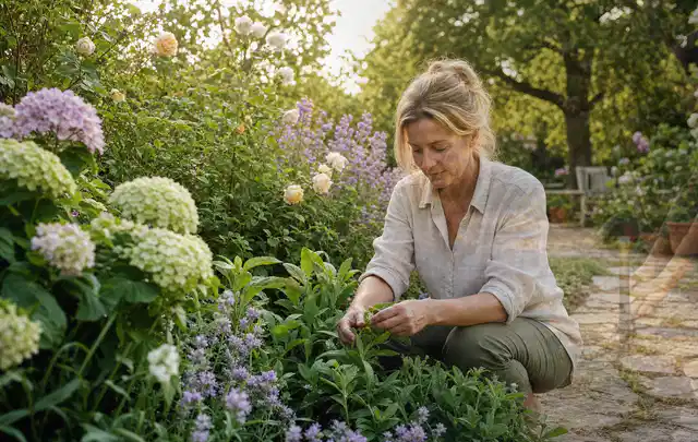 Person pflegt üppige Pflanzen in einem natürlich beleuchteten Garten; Thema Lavendel, Schwerpunkt Wachstum; Praxisalltag.