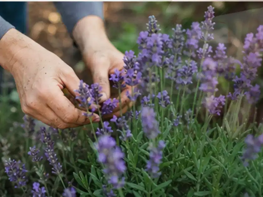 Hände pflegen blühenden Lavendel in einem natürlich angelegten Gartenbeet; Thema Lavendel, Schwerpunkt Winterpflege; Titelbild.