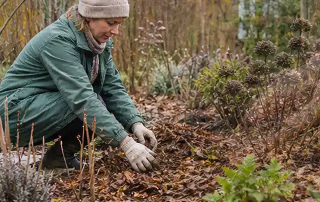 Person verteilt eine schützende Mulchschicht zwischen winterlichen Stauden; Thema Lavendel, Schwerpunkt Winterpflege; Praxisalltag.