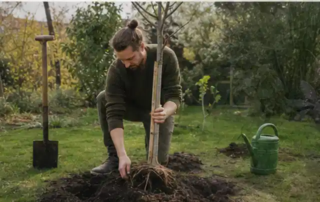 Person setzt einen jungen Zierbaum in ein vorbereitetes Pflanzloch im Garten; Thema Lilien, Schwerpunkt Blumen; Ausgangslage.