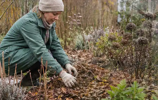 Person verteilt eine schützende Mulchschicht zwischen winterlichen Stauden; Thema Lilien, Schwerpunkt Blumen; Umsetzung.
