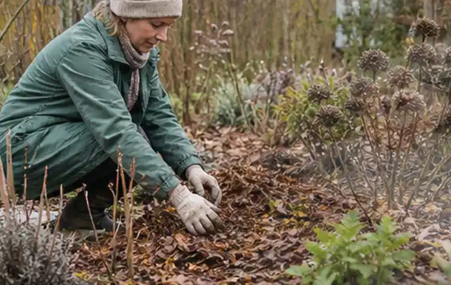 Person verteilt eine schützende Mulchschicht zwischen winterlichen Stauden; Thema Lilien, Schwerpunkt Düngung; Kontrolle.