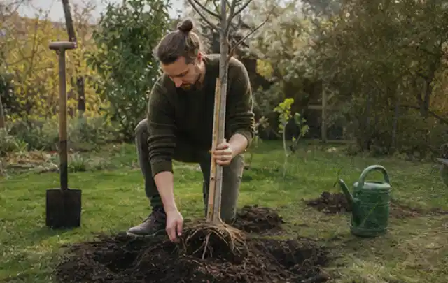 Person setzt einen jungen Zierbaum in ein vorbereitetes Pflanzloch im Garten; Thema Lilien, Schwerpunkt Düngung; Ergebnis.