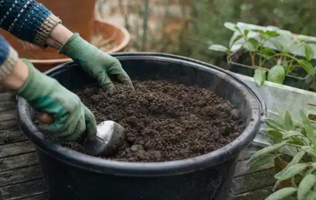 Behandschuhte Hände bereiten lockere Pflanzerde in einem großen Kübel vor; Thema Lilien, Schwerpunkt Einsteigerwissen; Ausgangslage.