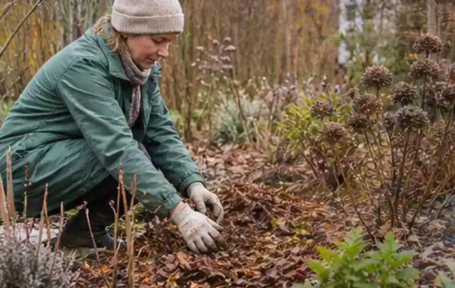 Person verteilt eine schützende Mulchschicht zwischen winterlichen Stauden; Thema Lilien, Schwerpunkt Fehlerhilfe; Ergebnis.
