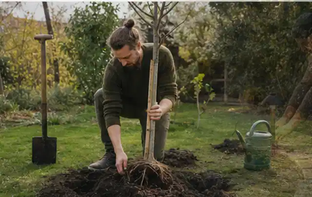 Person setzt einen jungen Zierbaum in ein vorbereitetes Pflanzloch im Garten; Thema Lilien, Schwerpunkt Gartenpraxis; Umsetzung.