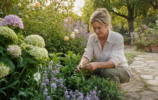 Person pflegt üppige Pflanzen in einem natürlich beleuchteten Garten; Thema Lilien, Schwerpunkt Kaufberatung; Ausgangslage.