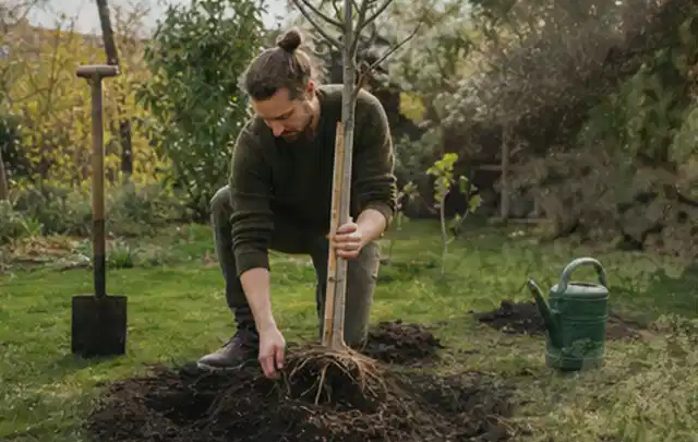 Person setzt einen jungen Zierbaum in ein vorbereitetes Pflanzloch im Garten; Thema Lilien, Schwerpunkt Pflanzengesundheit; Kontrolle.