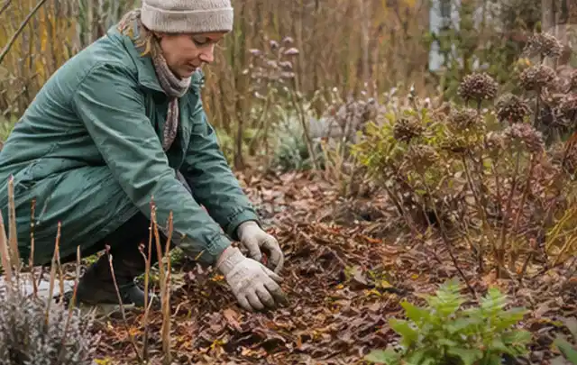 Person verteilt eine schützende Mulchschicht zwischen winterlichen Stauden; Thema Lilien, Schwerpunkt Pflanzenschutz; Umsetzung.