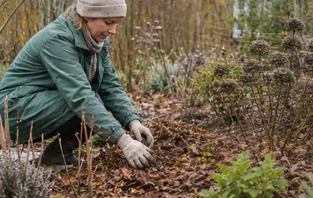 Person verteilt eine schützende Mulchschicht zwischen winterlichen Stauden; Thema Lilien, Schwerpunkt Pflanzpartner; Kontrolle.