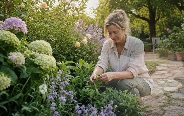 Person pflegt üppige Pflanzen in einem natürlich beleuchteten Garten; Thema Lilien, Schwerpunkt Problemlösung; Kontrolle.