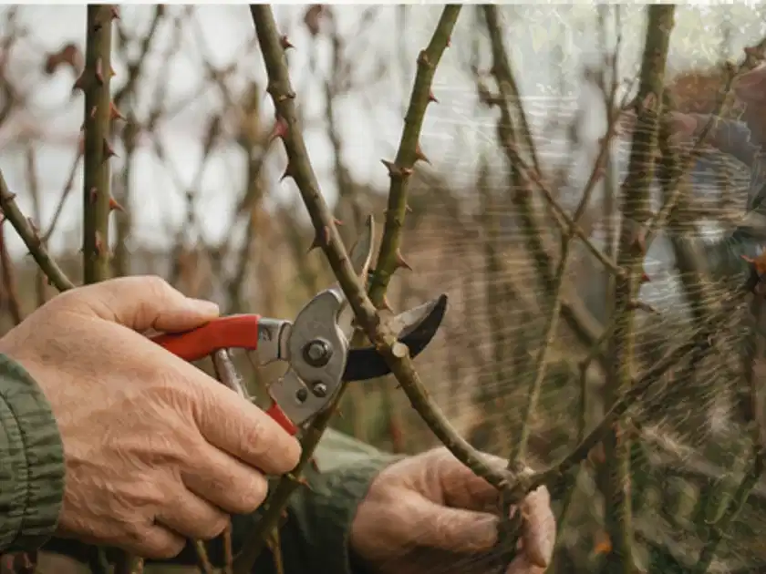 Hände schneiden einen älteren Rosenstrauch mit einer sauberen Gartenschere; Thema Lilien, Schwerpunkt Rückschnitt; Titelbild.