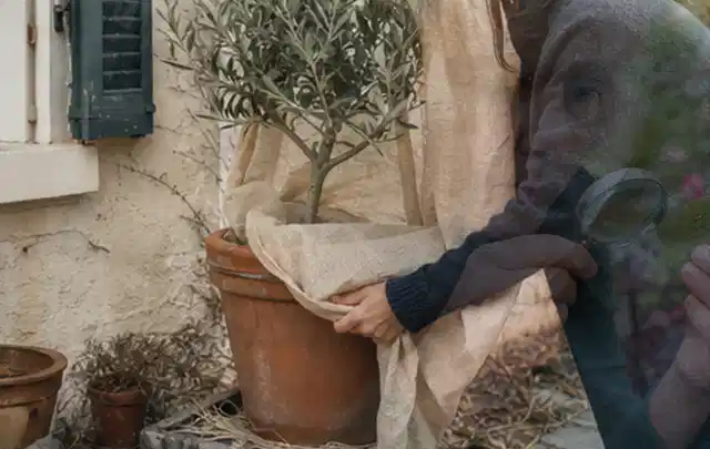 Person umhüllt eine mediterrane Kübelpflanze mit atmungsaktivem Winterschutz; Thema Lilien, Schwerpunkt Rückschnitt; Kontrolle.